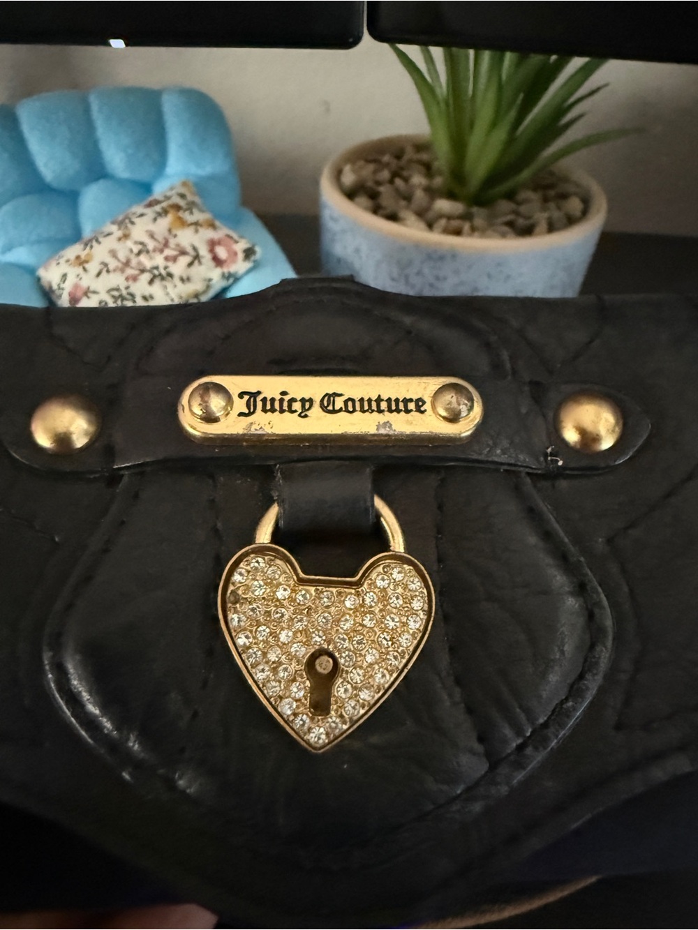 Vintage Juicy Couture Black Quilted Leather Wallet with Gold Crystal Heart Lock